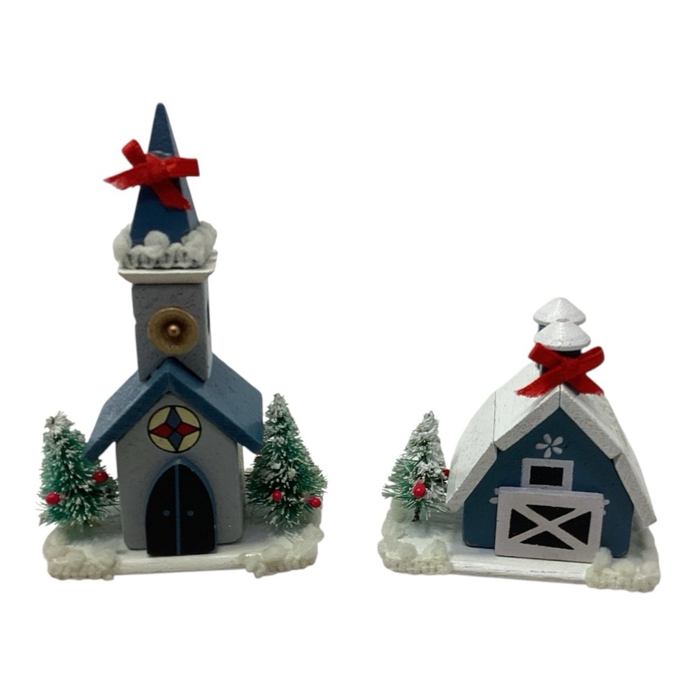Vtg Kurt Adler Putz Wood Church & Barn Christmas Diorama Bottle Brush Trees